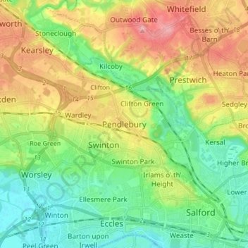 Mapa topográfico Pendlebury, altitud, relieve