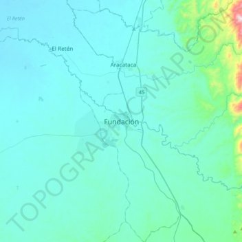 Mapa topográfico Fundación, altitud, relieve