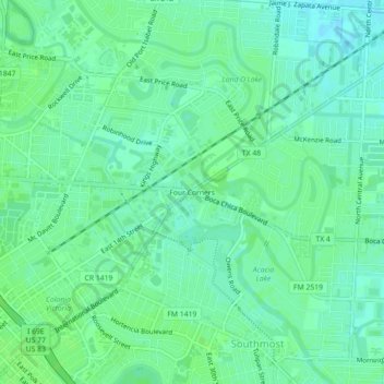 Mapa topográfico Four Corners, altitud, relieve
