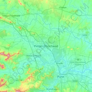 Mapa topográfico Pimpri-Chinchwad, altitud, relieve