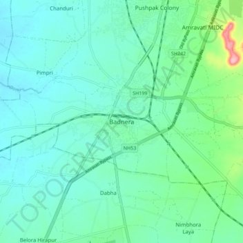 Mapa topográfico Badnera, altitud, relieve