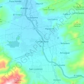 Mapa topográfico Cumanacoa, altitud, relieve