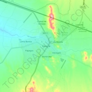 Mapa topográfico Sonoyta, altitud, relieve