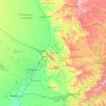 Mapa topográfico Departamento de la Cordillera, altitud, relieve