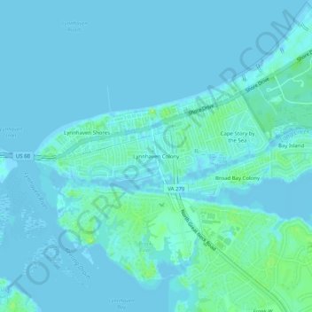 Mapa topográfico Lynnhaven Colony, altitud, relieve