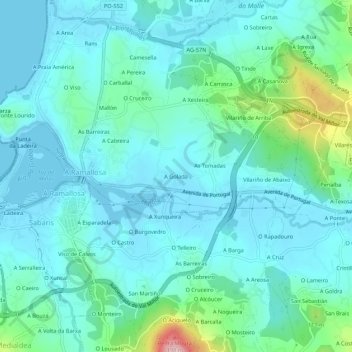 Mapa topográfico A Golada, altitud, relieve