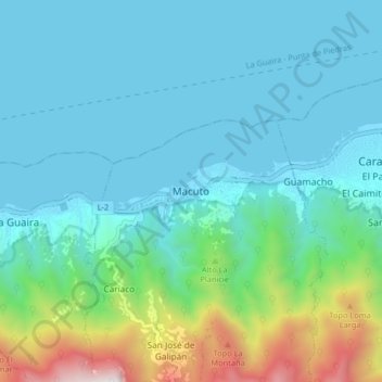 Mapa topográfico Macuto, altitud, relieve