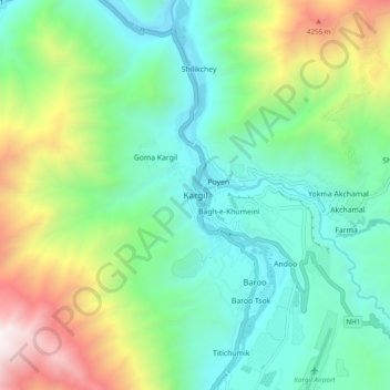 Mapa topográfico Kargil, altitud, relieve