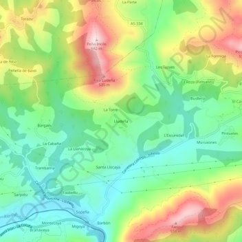 Mapa topográfico Lludeña, altitud, relieve