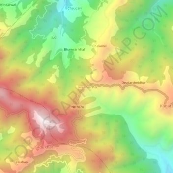 Mapa topográfico Jawaharna, altitud, relieve