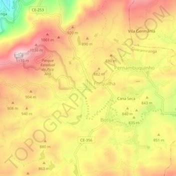 Mapa topográfico Guarajá, altitud, relieve