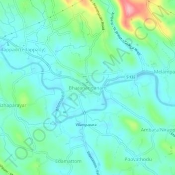 Mapa topográfico Bharananganam, altitud, relieve
