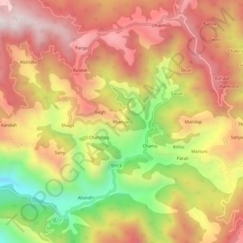 Mapa topográfico Khanyar, altitud, relieve