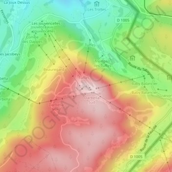 Mapa topográfico Les Tuffes, altitud, relieve