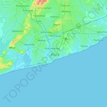 Mapa topográfico Accra, altitud, relieve