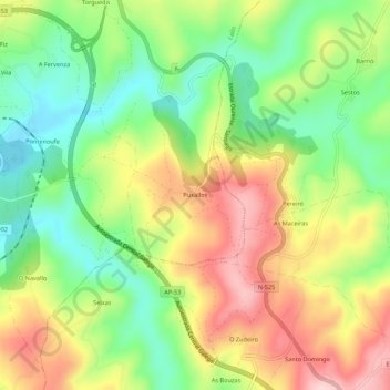 Mapa topográfico Puxallos, altitud, relieve