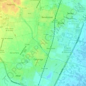 Mapa topográfico Masanasa, altitud, relieve