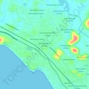 Mapa topográfico Valiyavayalkuni Colony, altitud, relieve