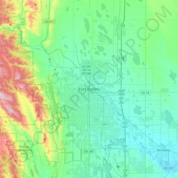 Mapa topográfico Fort Collins, altitud, relieve