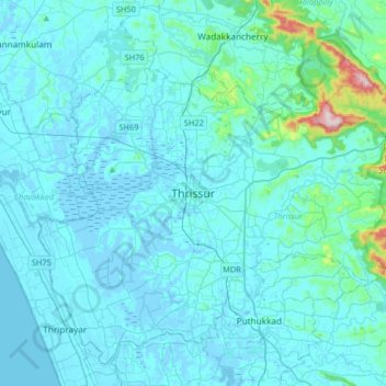 Mapa topográfico Thrissur, altitud, relieve