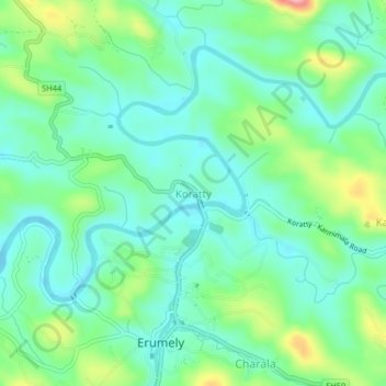 Mapa topográfico Koratty, altitud, relieve