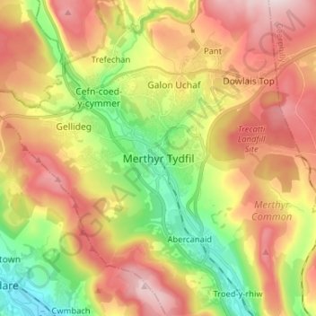 Mapa topográfico Merthyr Tydfil, altitud, relieve