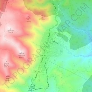 Mapa topográfico Virginia City, altitud, relieve