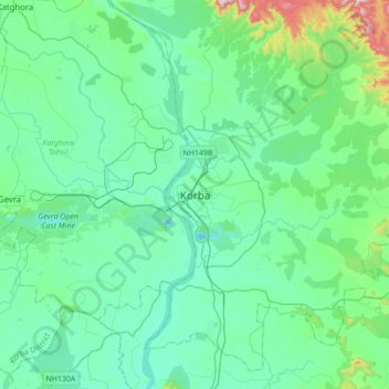 Mapa topográfico Korba, altitud, relieve