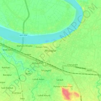 Mapa topográfico Mirzapur, altitud, relieve