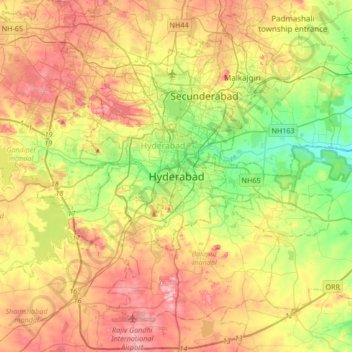 Mapa topográfico Hyderabad, altitud, relieve