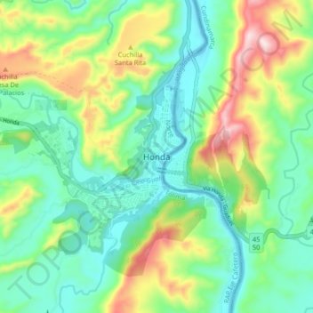 Mapa topográfico Honda, altitud, relieve