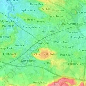 Mapa topográfico Swindon, altitud, relieve
