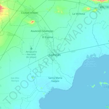 Mapa topográfico Juchitán, altitud, relieve