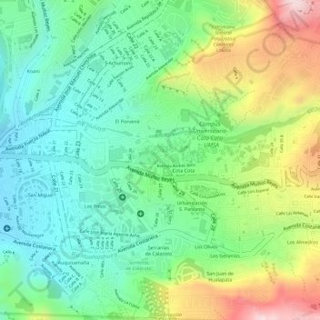 Mapa topográfico Ingreso al Jardin Botanico, Campus UMSA, altitud, relieve