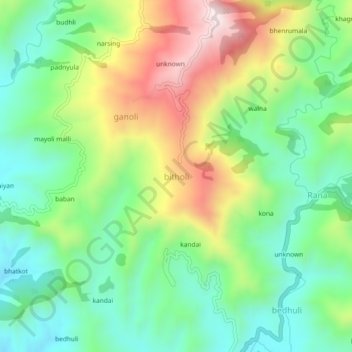 Mapa topográfico bitholi, altitud, relieve