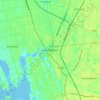 Mapa topográfico Kayamkulam, altitud, relieve