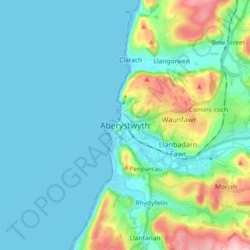 Mapa topográfico Aberystwyth, altitud, relieve