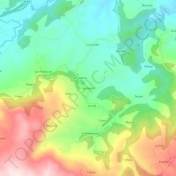 Mapa topográfico La Viesca, altitud, relieve
