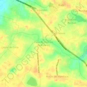 Mapa topográfico Patacas (Distrito de Aquiraz), altitud, relieve