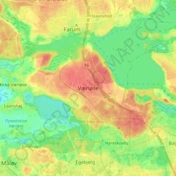 Mapa topográfico Værløse, altitud, relieve