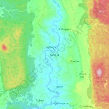Mapa topográfico Sevilla, altitud, relieve