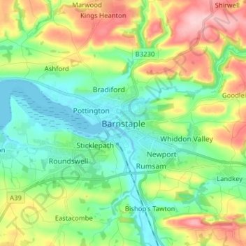 Mapa topográfico Barnstaple, altitud, relieve