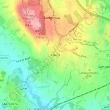 Mapa topográfico Billinge, altitud, relieve