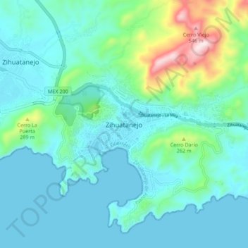 Mapa topográfico Zihuatanejo, altitud, relieve