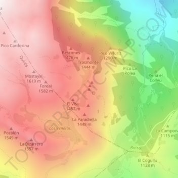 Mapa topográfico El Pontón, altitud, relieve