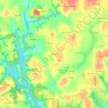 Mapa topográfico Kergac, altitud, relieve