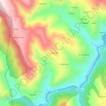 Mapa topográfico Pin de Arriba, altitud, relieve