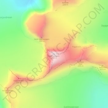 Mapa topográfico Galdhøpiggen, altitud, relieve
