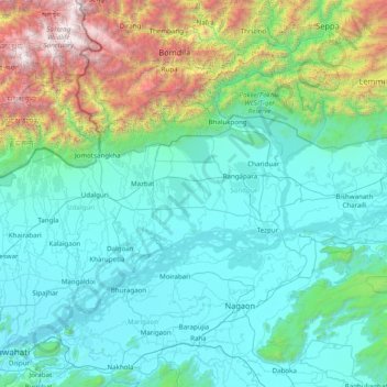 Mapa topográfico Darrang, altitud, relieve