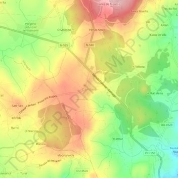 Mapa topográfico Cambeo, altitud, relieve